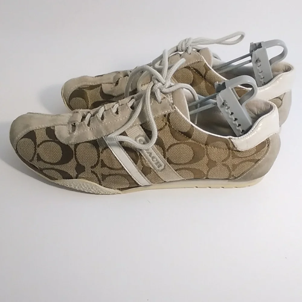 Coach Fashion Tan Brown Fabric Gray Suede White Patent Leather Sneakers Size 7.5